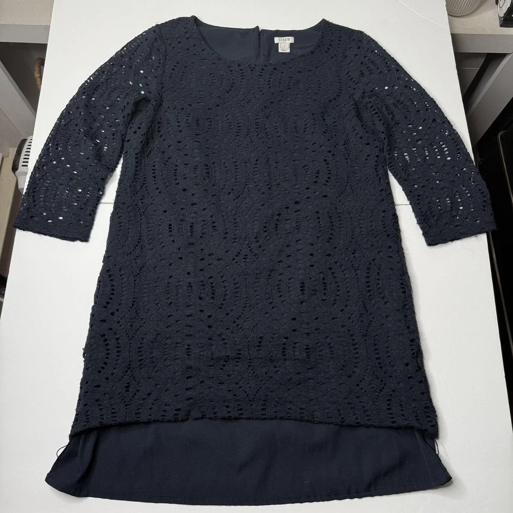 J.Crew Dress Women's Large Navy Blue Crochet Lace Lined Sheath 3/4 Sleeve‎